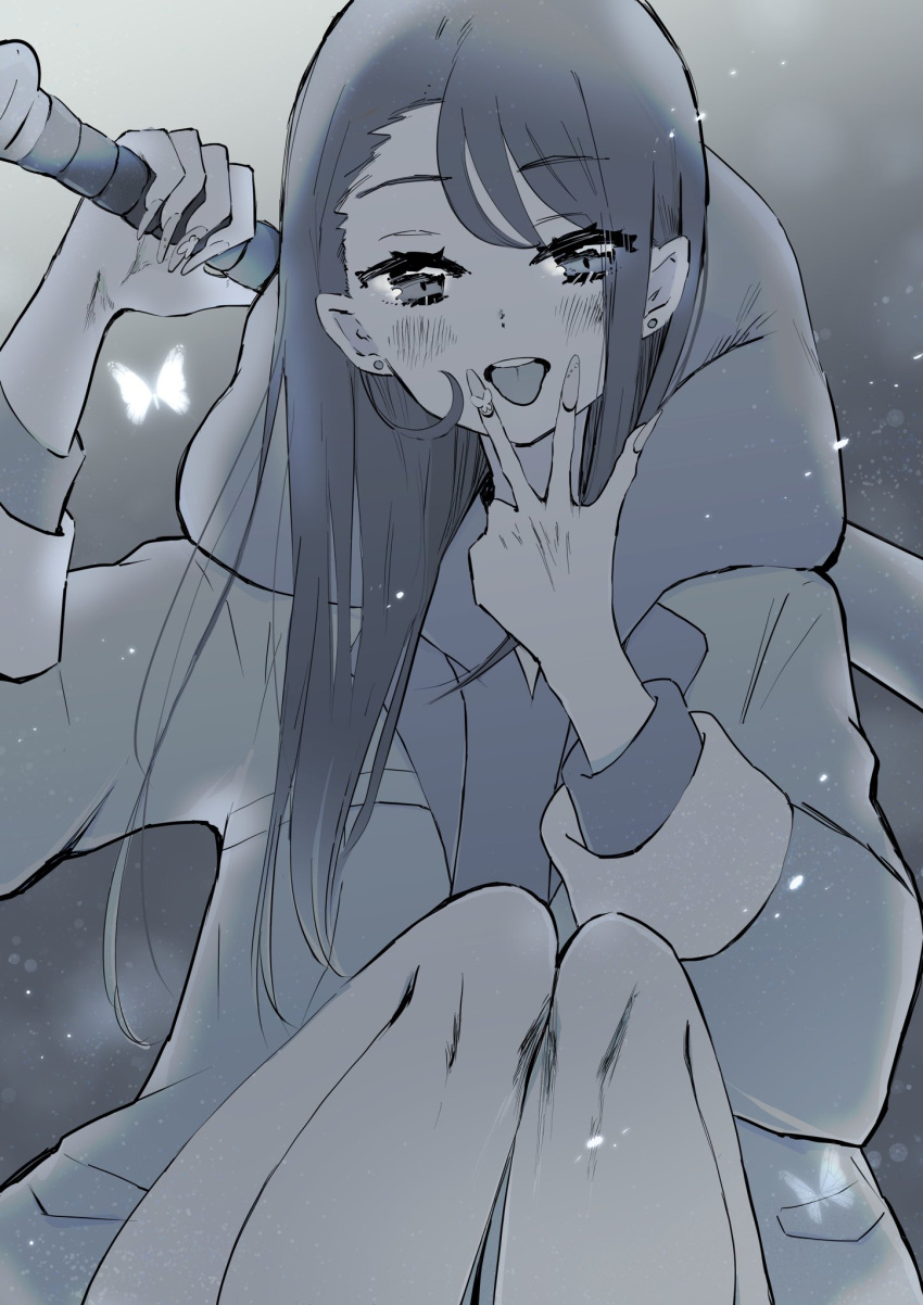 1girl :p baseball_bat blush butadon commentary_request eyelashes happy highres hijiri_ageha hirogaru_sky!_precure hood hoodie long_hair looking_at_viewer precure sketch smile solo tongue tongue_out