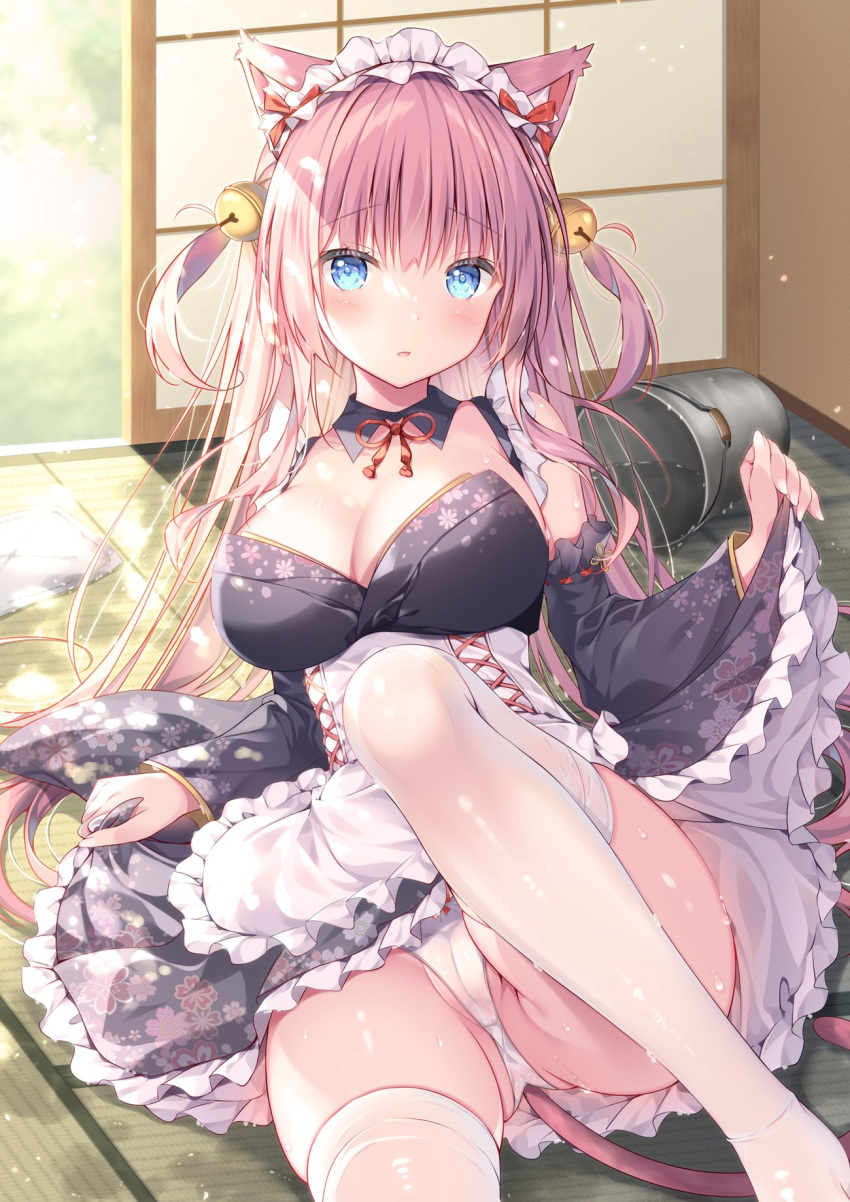 1girl animal_ears apron bell black_dress blue_eyes blush breasts cat_ears cat_girl cat_tail cleavage commentary_request detached_collar detached_sleeves dress hair_bell hair_ornament highres indoors long_hair maid_apron maid_headdress medium_breasts original panties parted_lips partially_visible_vulva pink_hair print_dress solo sunlight tail tatami thighhighs underwear very_long_hair wa_maid watagashi_yui white_panties white_thighhighs