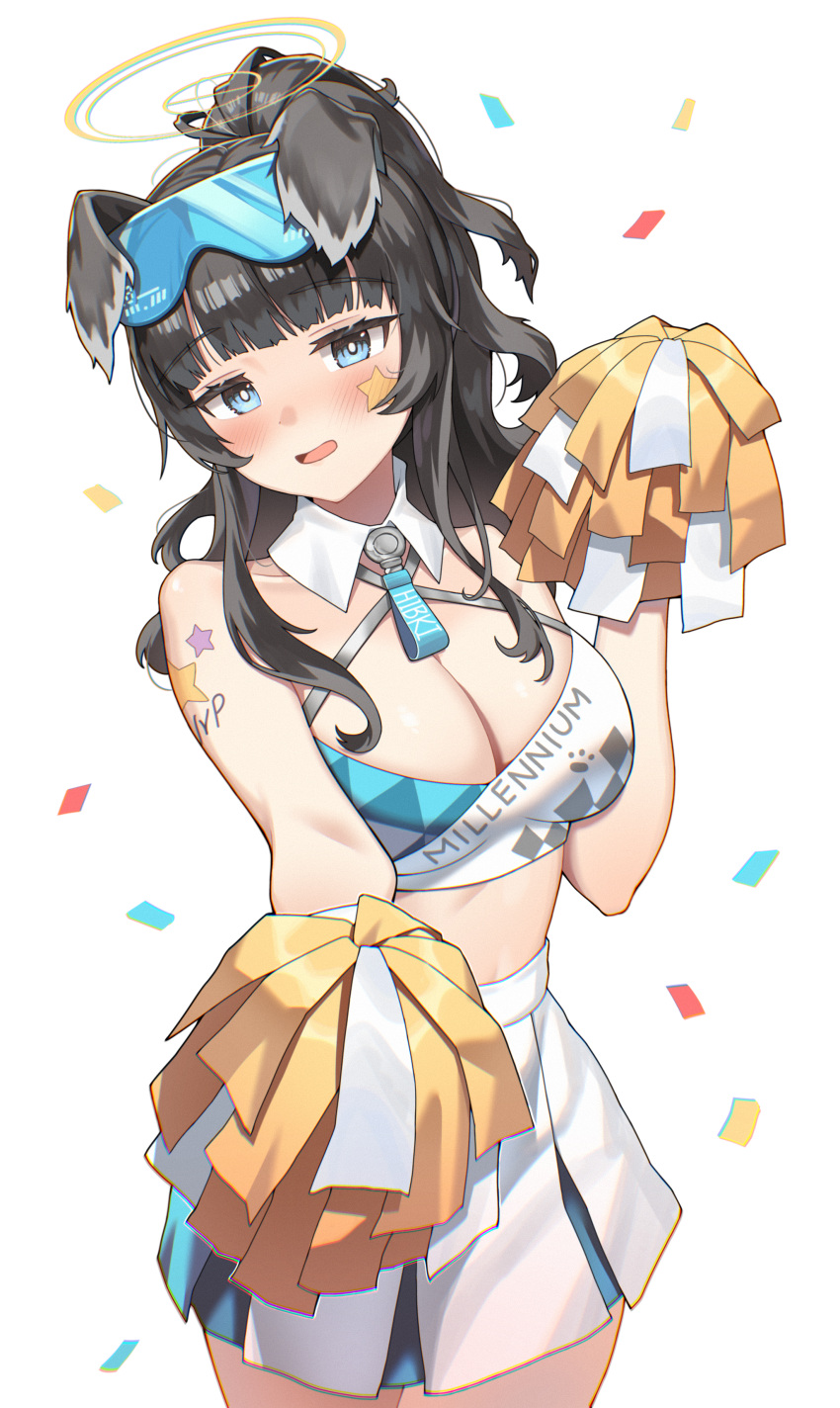 1girl absurdres animal_ears black_hair blue-tinted_eyewear blue_archive blue_eyes blue_skirt blush breasts cheerleader cleavage confetti cowboy_shot criss-cross_halter crop_top detached_collar dog_ears eyewear_on_head hair_over_shoulder halo halterneck hand_up hibiki_(blue_archive) hibiki_(cheerleader)_(blue_archive) highres holding holding_pom_poms long_hair medium_breasts millennium_cheerleader_outfit_(blue_archive) miniskirt neil_(neil_nim) official_alternate_costume open_mouth outstretched_arm pom_pom_(cheerleading) ponytail reaching_towards_viewer safety_glasses skirt solo star_sticker sticker_on_arm sticker_on_face tinted_eyewear two-tone_skirt white_skirt
