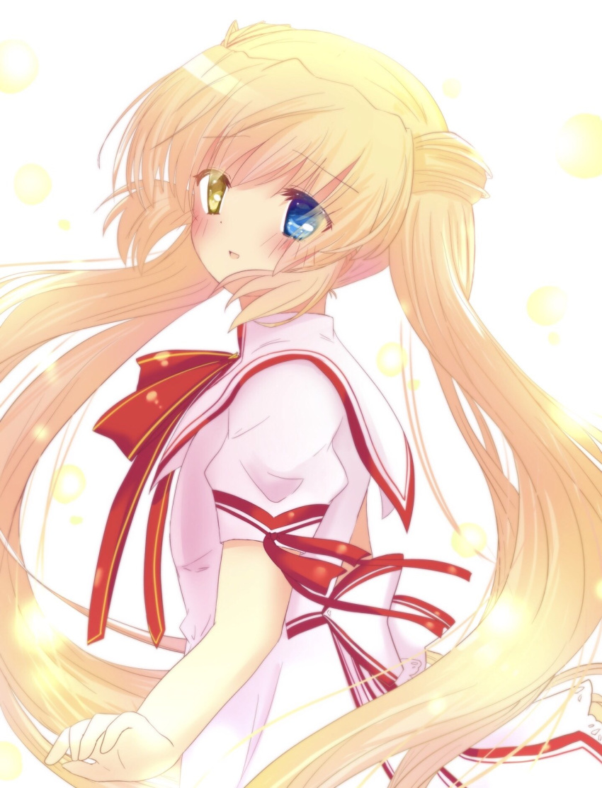 1girl arm_at_side back_bow blonde_hair blue_eyes blush bow canaca_chiyuri colored_eyelashes commentary_request dress eyelashes eyes_visible_through_hair floating_hair from_side hair_between_eyes heterochromia highres kazamatsuri_institute_high_school_uniform light_particles long_hair looking_at_viewer nakatsu_shizuru neck_ribbon open_mouth pink_bow pink_dress puffy_short_sleeves puffy_sleeves red_ribbon rewrite ribbon school_uniform short_sleeves sidelocks simple_background smile solo twintails upper_body very_long_hair white_background yellow_eyes