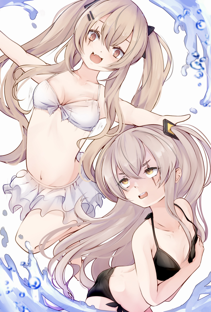 2girls absurdres bikini bikini_skirt black_bikini black_eyes breasts brown_hair fang girls'_frontline highres leaning_forward long_hair looking_at_another looking_at_viewer looking_back looking_up multiple_girls nachi-kun navel one_side_up open_mouth outstretched_arms scar scar_across_eye simple_background skin_fang small_breasts swimsuit twintails ump45_(girls'_frontline) ump9_(girls'_frontline) water white_background white_bikini yellow_eyes