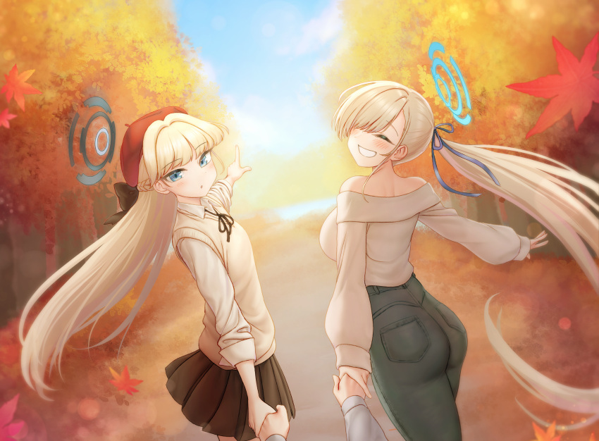 2girls asuna_(blue_archive) autumn autumn_leaves beret black_pants black_skirt blonde_hair blue_archive blue_eyes blue_halo breasts closed_eyes day greenteamousou grin hair_over_one_eye halo hat highres large_breasts leaf long_hair long_sleeves maple_leaf multiple_girls outdoors pants parted_lips pleated_skirt red_headwear shirt skirt smile toki_(blue_archive) vest white_shirt white_vest