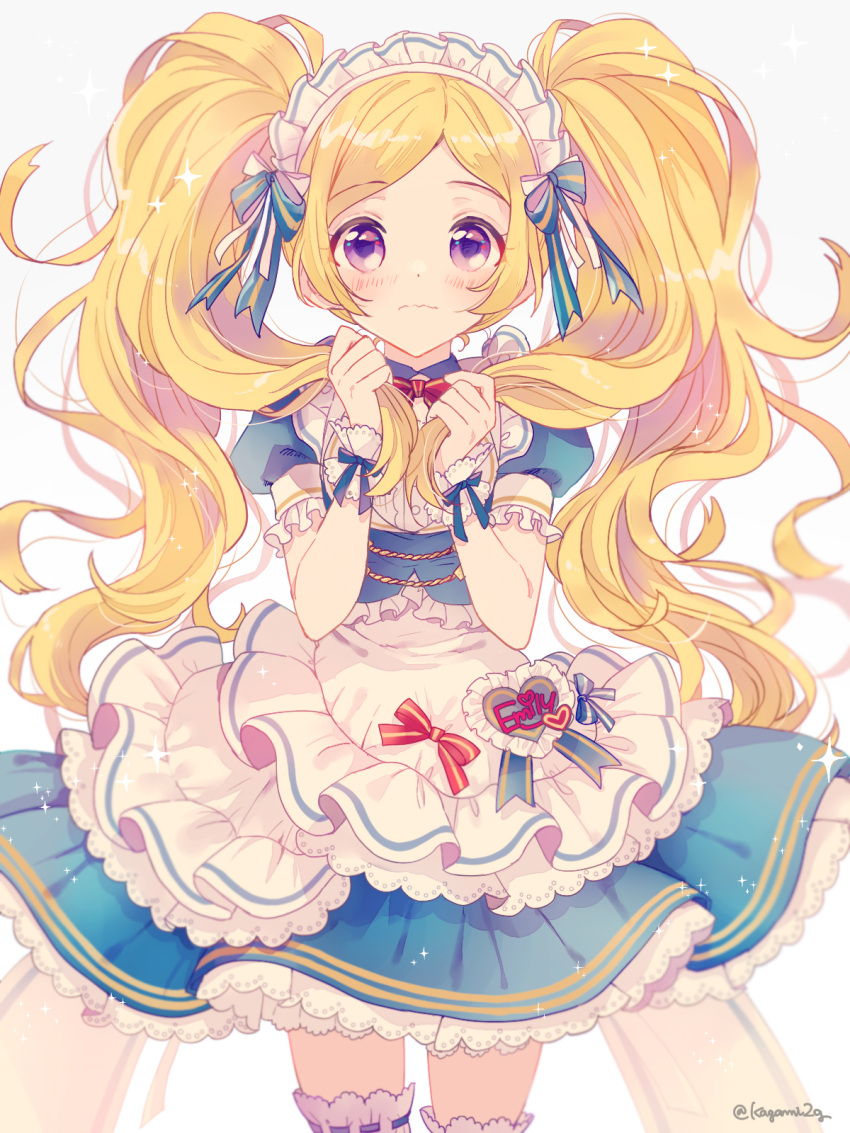 1girl blonde_hair blue_dress blue_ribbon blush closed_mouth dot_nose dress emily_stewart frilled_dress frills hair_ribbon headdress highres holding holding_hair idolmaster idolmaster_million_live! idolmaster_million_live!_theater_days kagami2g layered_dress long_hair looking_at_viewer name_tag neck_ribbon purple_eyes red_ribbon ribbon scrunchie short_sleeves shy simple_background solo thighhighs twintails twitter_username wavy_mouth white_background white_thighhighs