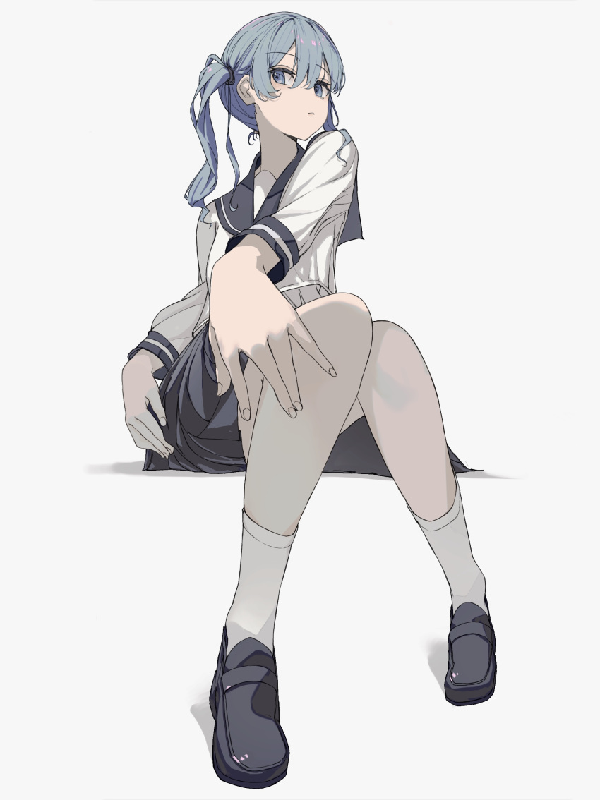 1girl absurdres alternate_costume black_footwear black_skirt blue_eyes blue_hair closed_mouth commentary foreshortening grey_background hair_between_eyes highres hololive hoshimachi_suisei karyln knees_together_feet_apart legs loafers long_hair long_sleeves on_ground pleated_skirt sailor_collar school_uniform serafuku shadow shirt shoes side_ponytail simple_background sitting skirt socks symbol-only_commentary virtual_youtuber white_shirt white_socks