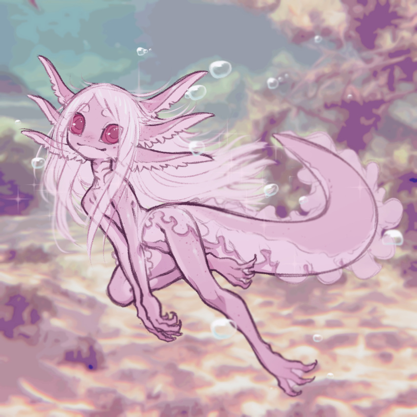 amphibian anthro axolotl circle_eyebrows eyebrows female freckles frill_(anatomy) gills hair hi_res light_hair long_hair long_tail looking_at_viewer marine markings membrane_(anatomy) mole_(marking) mole_salamander nude pink_body pink_hair pink_skin red_eyes salamander_(amphibian) smile smiling_at_viewer solo sparkles sparkling_eyes swimming tail tateoftot thick_tail underwater water webbed_feet