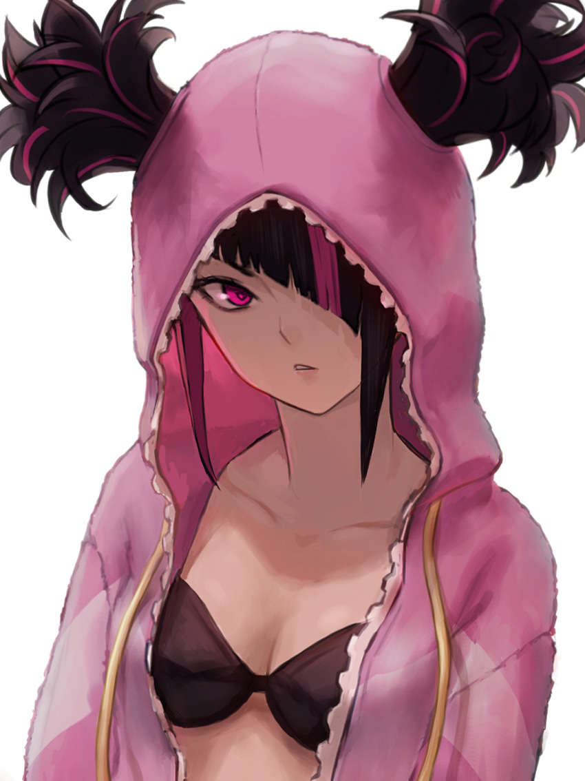 1girl black_bra black_hair blunt_bangs bra breasts cleavage commentary_request hair_over_one_eye han_juri highres hood hooded_pajamas ishiyuki pajamas pink_hair pink_pajamas simple_background solo street_fighter street_fighter_6 underwear upper_body white_background