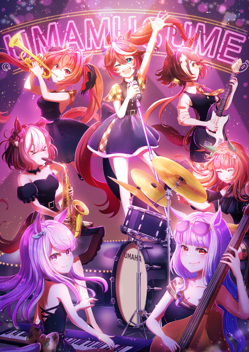 &gt;_&lt; 6+girls absurdres animal_ears arm_up back_bow backless_dress backless_outfit bare_shoulders black_bow black_dress black_hair black_skirt black_vest blue_eyes bow brown_hair closed_eyes commentary criss-cross_halter daiwa_scarlet_(umamusume) double_bass dress drum drum_set ear_covers electric_guitar eyewear_on_head formal grey_hair grin guitar hair_over_one_eye halterneck highres horse_ears horse_girl horse_tail instrument keyboard_(instrument) kongariinu looking_at_viewer looking_back mejiro_mcqueen_(umamusume) microphone_stand miniskirt multicolored_hair multiple_girls music neon_lights off-shoulder_dress off_shoulder one_eye_closed open_mouth orange_hair ponytail purple_eyes purple_hair red_eyes saxophone short_dress short_sleeves silence_suzuka_(umamusume) singing single_strap skirt sleeves_rolled_up smile special_week_(umamusume) stage standing strapless strapless_dress streaked_hair sunglasses swept_bangs tail tail_bow tail_ornament tokai_teio_(umamusume) trumpet twintails two-tone_hair umamusume vest vodka_(umamusume) white_hair yellow_eyes