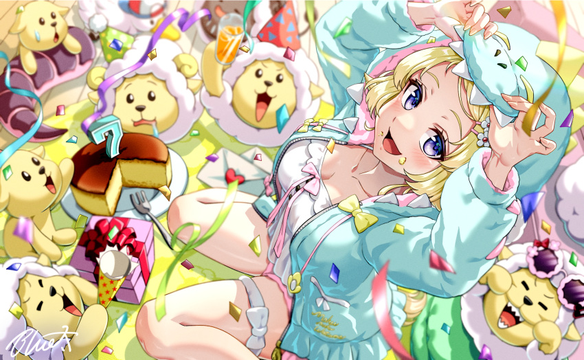 1girl animal_hood blonde_hair blue_eyes blush breasts buru-dai camisole cleavage commentary_request confetti dinosaur_hood food food_on_face frilled_camisole frills green_jacket hair_ornament hairclip hameru-type_asacoco highres hololive hood hood_down hood_lift hooded_jacket jacket large_breasts loungewear official_alternate_costume official_alternate_hair_length official_alternate_hairstyle pink_shorts purple_eyes short_shorts shorts sitting thigh_strap tsunomaki_watame tsunomaki_watame_(5th_costume) virtual_youtuber wariza watamate white_camisole