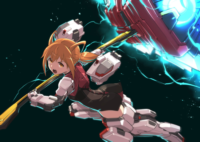 1girl :o alice_gear_aegis antenna_hair ass black_background black_dress boots brown_eyes brown_hair dress electricity hammer highres holding holding_weapon ishiyumi looking_at_viewer mecha_musume mechanical_arms metal_boots oborotsuki_no_regolith:_alice_gear_aegis_gaiden open_hands open_mouth solo thigh_boots twintails v-shaped_eyebrows watanuki_mizuha weapon