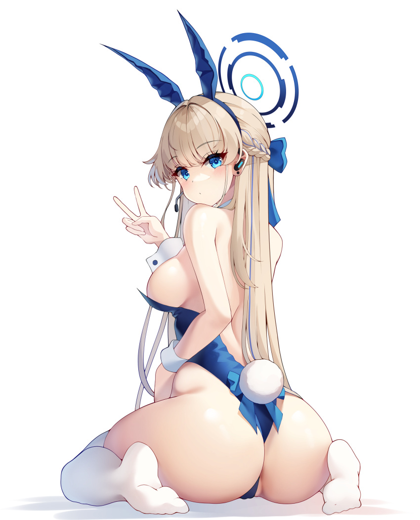 1girl absurdres animal_ears ass back backless_leotard blonde_hair blue_archive blue_bow blue_eyes blue_hairband blue_leotard bow braid breasts cameltoe ear_piercing earpiece fake_animal_ears fake_tail french_braid from_behind full_body hairband halo highres leotard long_hair looking_back medium_breasts microphone no_shoes official_alternate_costume official_alternate_hairstyle piercing playboy_bunny rabbit_ears rabbit_tail sideboob sitting sob_(submar1089) tail thighhighs toki_(blue_archive) toki_(bunny)_(blue_archive) v very_long_hair wariza white_thighhighs wrist_cuffs