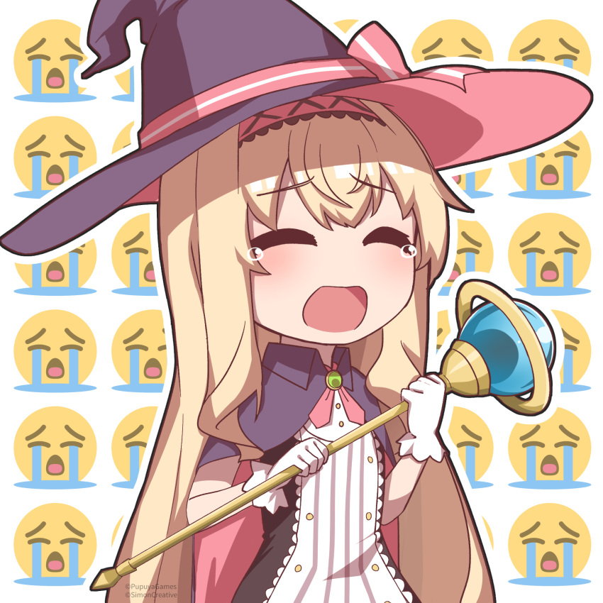 1girl artist_request blonde_hair blush brooch cape closed_eyes crying crying_emoji dress emoji gloves hairband hat highres holding holding_staff jewelry little_witch_nobeta long_hair nobeta official_art open_mouth puddle solo staff streaming_tears tearing_up tears upper_body white_gloves witch_hat