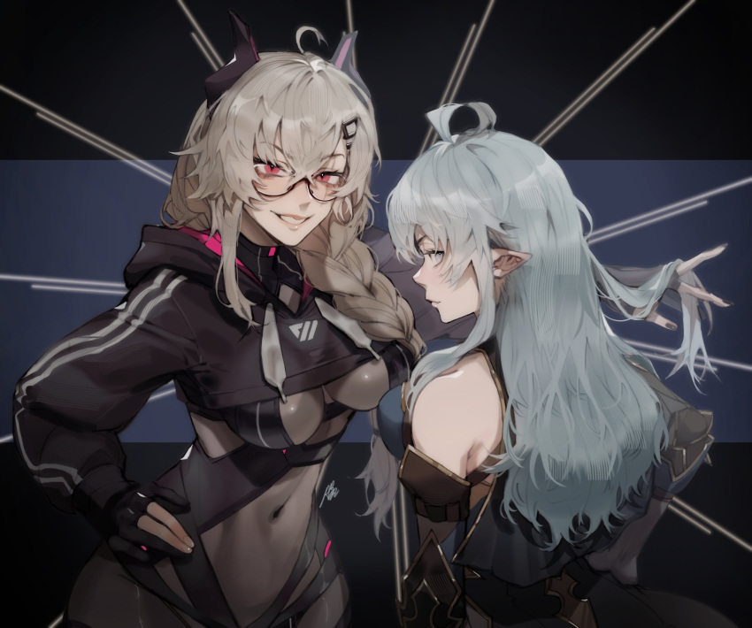 2girls artist_glove black-framed_eyewear black_nails blue_eyes blue_hair blush bodysuit breasts covered_navel cropped_hoodie geega_(vtuber) gloves gravitydusty grey_bodysuit grey_hair hair_ornament hairclip highres hood hoodie horns impossible_bodysuit impossible_clothes indie_virtual_youtuber large_breasts light_blue_hair long_hair long_sleeves looking_at_viewer mechanical_horns multiple_girls nail_polish partially_fingerless_gloves pointy_ears red_eyes saruei_(vtuber) scar scar_across_eye smile virtual_youtuber