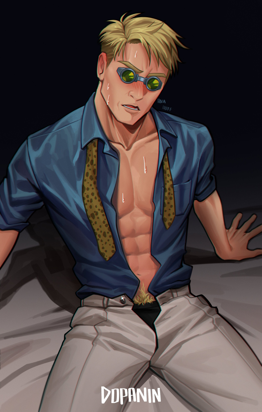 1boy absurdres black_male_underwear blonde_hair collared_shirt dopanin feet_out_of_frame head_tilt highres jujutsu_kaisen long_sleeves male_focus male_pubic_hair male_underwear male_underwear_peek mature_male nanami_kento necktie on_bed pectoral_cleavage pectorals pubic_hair shirt short_hair sitting solo spread_legs sweat underwear undone_necktie