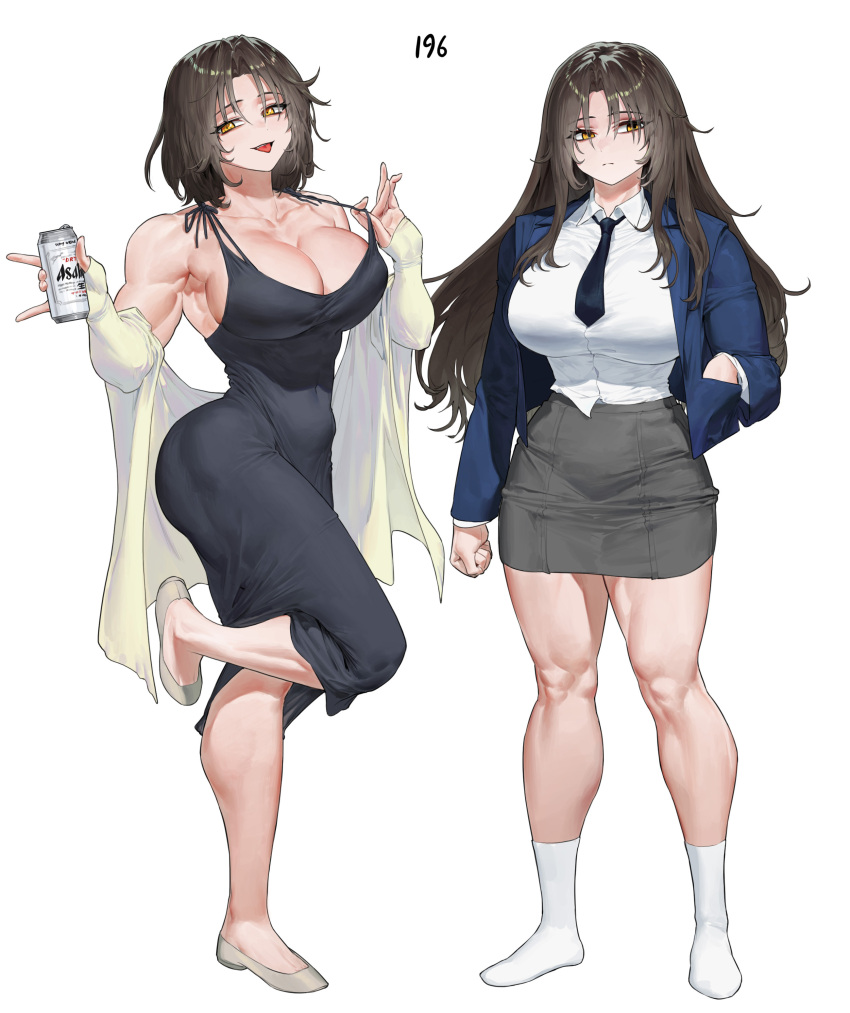 2girls abs absurdres beer_can black_dress black_necktie breasts brown_hair can cleavage clenched_hand dress ghdwid hand_in_pocket highres jacket large_breasts long_hair multiple_girls muscular muscular_female necktie original shawl shirt short_hair short_necktie skirt socks tongue tongue_out white_background white_shirt white_socks yellow_eyes