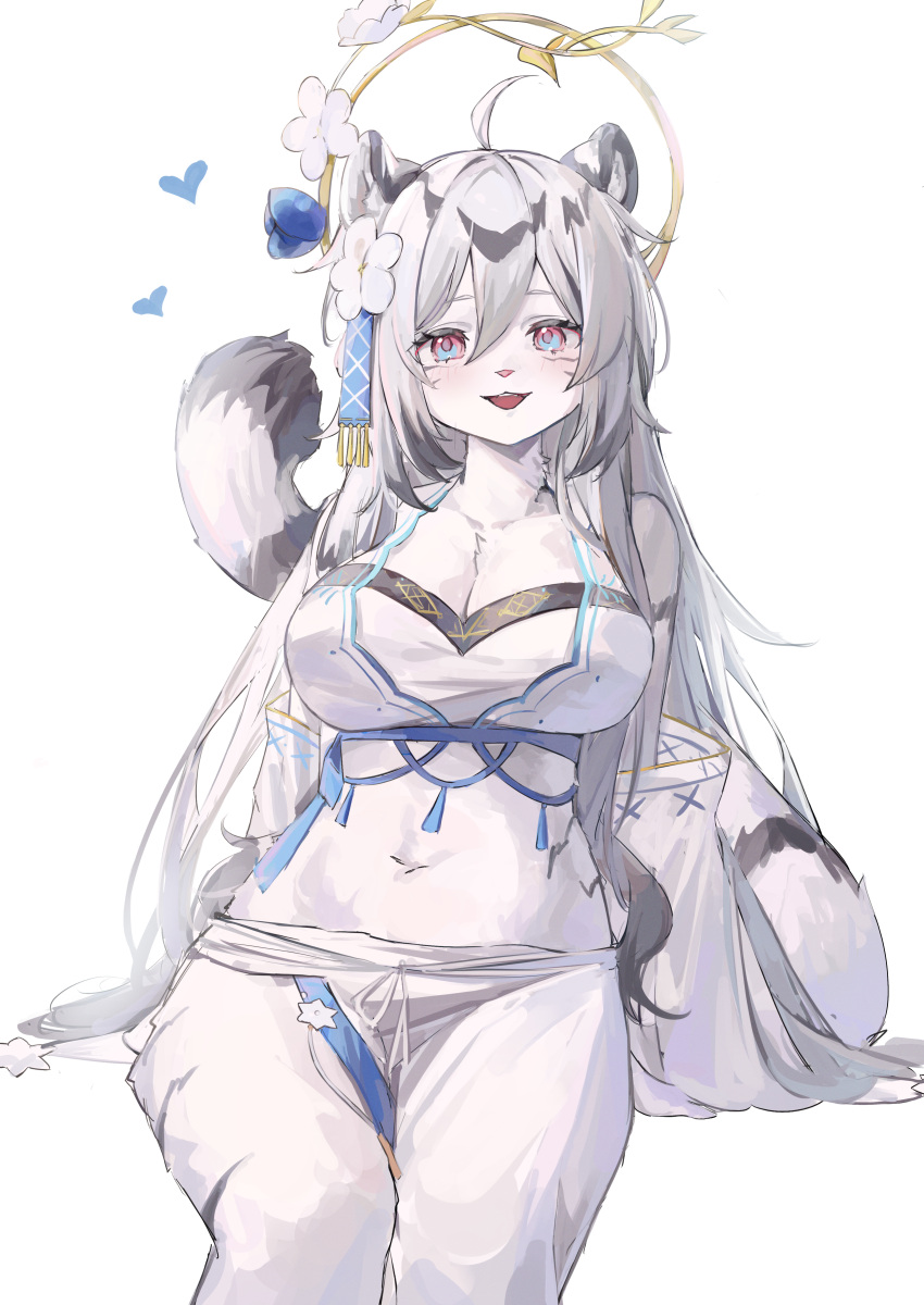 1girl absurdres ahoge animal_ears bikini blue_flower blue_rose blush breasts cleavage commentary_request feet_out_of_frame flower furry furry_female grey_hair hair_between_eyes hair_flower hair_ornament hannah_(mahjong_soul) highres large_breasts long_bangs long_hair looking_at_viewer mahjong_soul navel open_mouth pink_eyes rose sarong shiro_wa_(shiroshironix) simple_background sitting smile solo swimsuit tail tiger_ears tiger_girl tiger_tail very_long_hair white_background white_bikini white_flower white_sarong