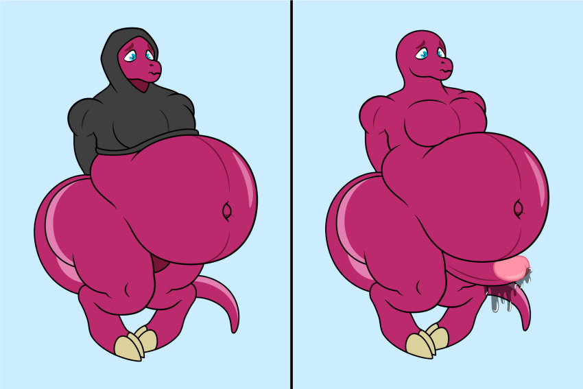 ambiguous_fluids anthro belly blue_eyes bottomless clothed clothing comparison dinosaur erection genitals hi_res hoodie hoodie_only male muscular muscular_male navel penis pregnant pregnant_male reptile rub_lug scalie shy slightly_chubby solo tail topwear topwear_only vore