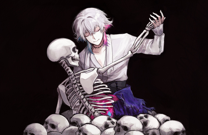 1boy absurdres arm_up black_background blue_hair bone closed_eyes collarbone english_commentary eyeshadow gavis_bettel grey_hair hair_between_eyes highres holding holding_hands holostars holostars_english makeup male_focus multicolored_hair nonsensemanna pile_of_skulls pink_eyeshadow pink_hair scarf shirt short_hair sitting skeleton smile solo spine white_hair white_scarf white_shirt