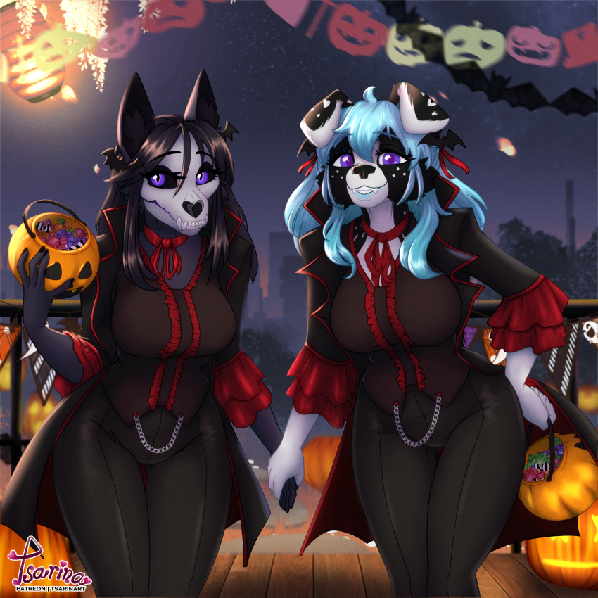 big_breasts border_collie breasts candy canid canine canis clothed clothing collie costume dessert detailed_background domestic_dog food halloween halloween_costume hand_holding herding_dog hi_res holidays mal0_(species) mammal pastoral_dog sheepdog smile smiling_at_viewer trick_or_treat tsarinart vampire_costume