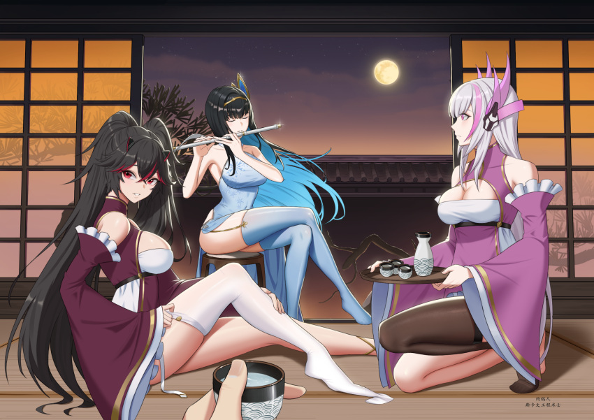 1boy 3girls alternate_breast_size bare_arms black_hair black_thighhighs blue_hair blue_thighhighs bottle breasts china_dress chinese_clothes choko_(cup) cleavage colored_inner_hair commandant_(punishing:_gray_raven) crossed_bangs cup detached_sleeves dress fake_horns full_moon grey_hair hair_between_eyes hair_ornament headgear headphones highres holding holding_cup horns large_breasts liv_(punishing:_gray_raven) long_hair looking_at_viewer lucia:_plume_(punishing:_gray_raven) moon multicolored_hair multiple_girls pantyhose pink_eyes pink_hair playing_flute punishing:_gray_raven purple_dress putting_on_legwear red_hair sake_bottle selena_(punishing:_gray_raven) sidelocks single_bare_leg single_leg_pantyhose single_thighhigh skaven_gongcheng_shushi sleeves_past_wrists small_horns streaked_hair thighhighs transverse_flute twintails very_long_hair white_pantyhose wide_sleeves