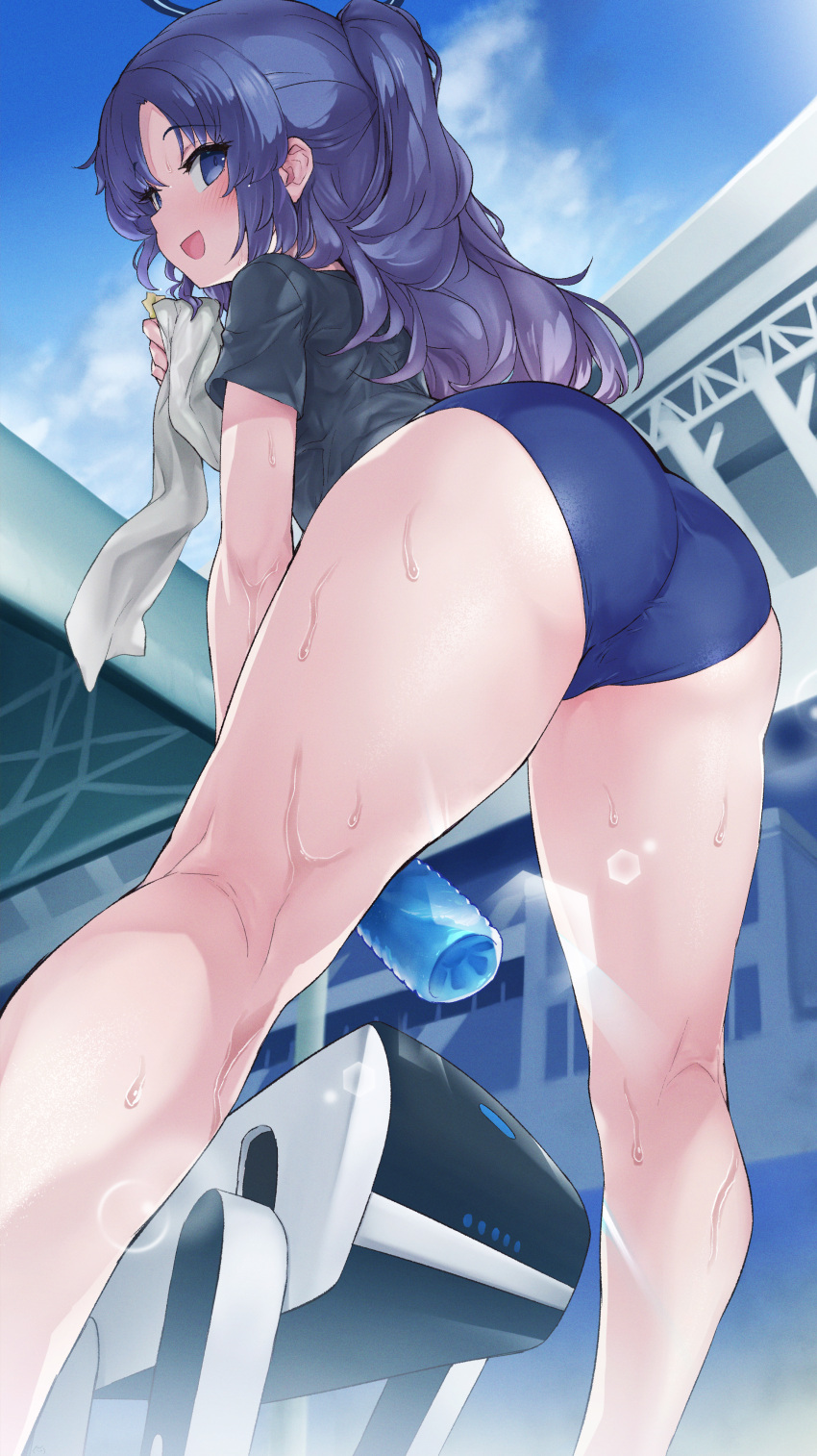 1girl absurdres ass bare_legs bent_over black_shirt blue_archive blue_buruma blue_sky blush bottle breasts buruma cloud commentary day from_behind from_below gym_shirt gym_uniform halo highres holding holding_bottle kneepits long_hair looking_at_viewer looking_back morikawasansei official_alternate_costume outdoors ponytail robot shirt short_sleeves sky smile solo standing star_sticker sticker sweat thighs towel water wet yuuka_(blue_archive) yuuka_(track)_(blue_archive)