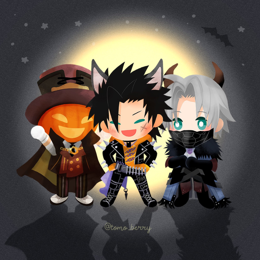 3boys aged_down animal_ears arms_up ascot bat_(animal) belt black_feathers black_footwear black_gloves black_hair black_pants blush boots brown_cape bullet cape chain chibi closed_eyes collar dog_ears facing_viewer fake_horns feathered_collar feathers final_fantasy final_fantasy_vii final_fantasy_vii_ever_crisis glenn_lodbrok gloves green_eyes grey_hair halloween halloween_costume hands_on_own_hips happy hat highres hood hood_down hoodie horns jack-o'-lantern jack-o'-lantern_head jacket leather leather_jacket male_focus mask mouth_mask multiple_boys muzzle night night_sky official_alternate_costume open_clothes open_jacket open_mouth orange_hoodie own_hands_together pants pinstripe_pants pinstripe_pattern pointy_ears pumpkin scar scar_on_cheek scar_on_face sephiroth shadow shoes short_hair signature sky smile spiked_hair spiked_jacket spikes standing star_(sky) striped tomoberry top_hat vest white_footwear white_gloves zack_fair