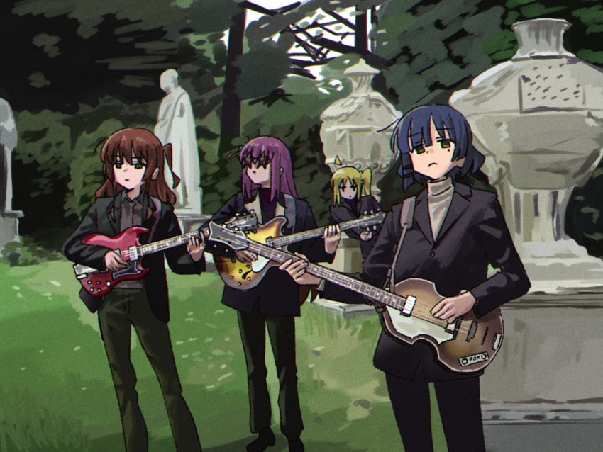 4girls ahoge alternate_costume black_footwear black_jacket black_pants blonde_hair blue_hair bocchi_the_rock! closed_mouth commentary detached_ahoge electric_guitar english_commentary expressionless gotoh_hitori grass green_eyes guitar highres holding holding_guitar holding_instrument ijichi_nijika instrument jacket kita_ikuyo long_hair long_sleeves maring_song mole mole_under_eye multiple_girls one_side_up outdoors pants parody pink_hair red_hair shoes short_hair side_ponytail standing statue the_beatles yamada_ryo yellow_eyes