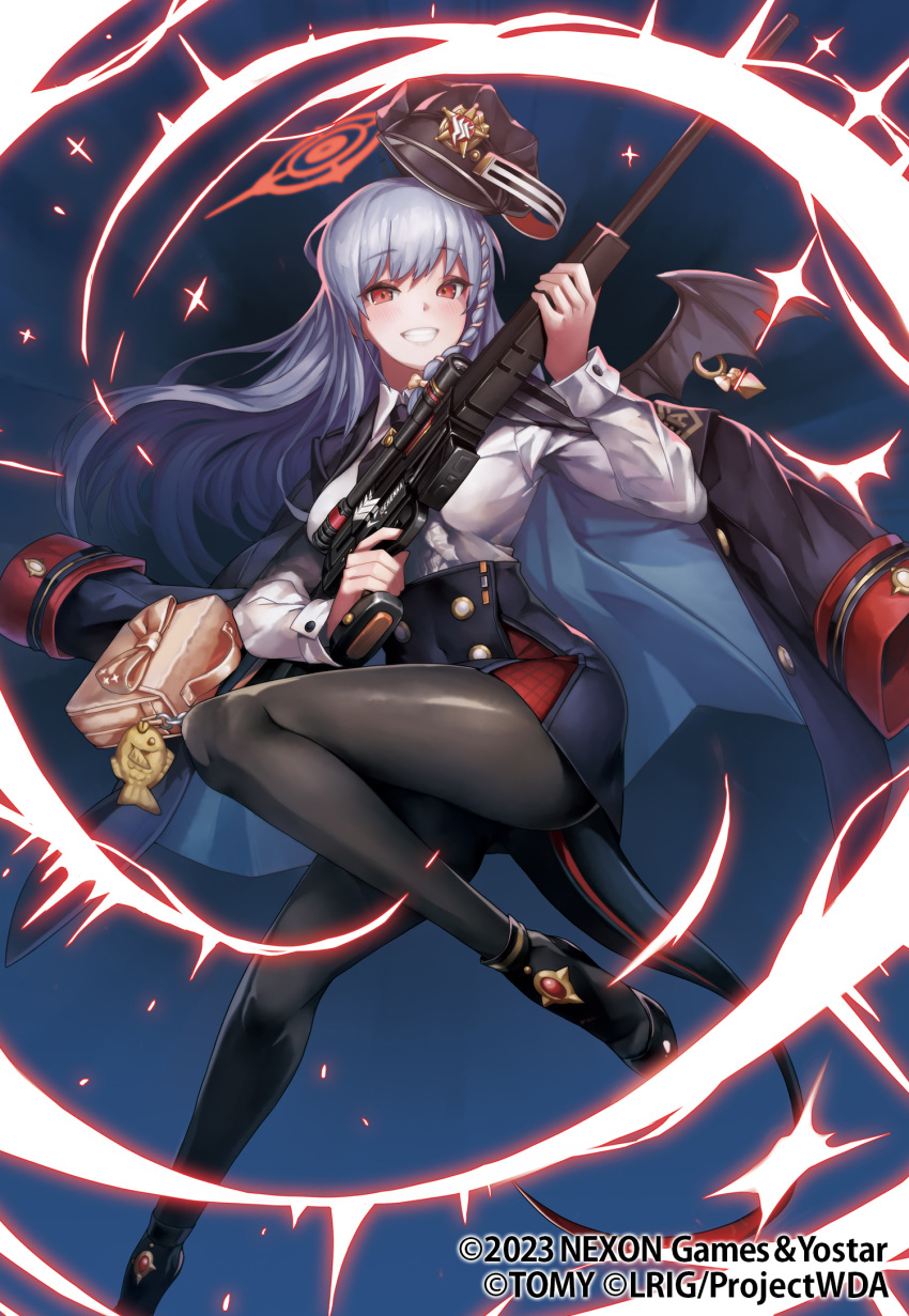 1girl bag bag_charm black_footwear black_pantyhose black_skirt blue_archive braid breasts charm_(object) collared_shirt grey_hair grin gun halo haruna_(blue_archive) hat highres holding holding_gun holding_weapon jacket jacket_on_shoulders kousaku legs long_hair long_sleeves looking_at_viewer official_art pantyhose red_eyes shirt side_braid skirt smile solo sparkle tail weapon white_shirt wixoss