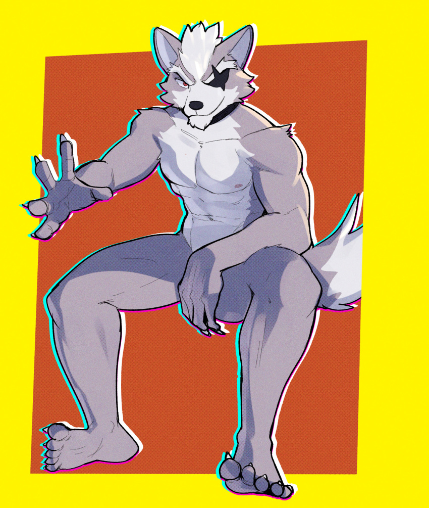 2023 5_fingers anthro areola athletic athletic_anthro athletic_male canid canine canis claws eye_patch eyewear fingers fur grey_body grey_fur hair hi_res jrjresq looking_at_viewer male mammal nintendo nude sitting smile solo star_fox tail wolf wolf_o'donnell