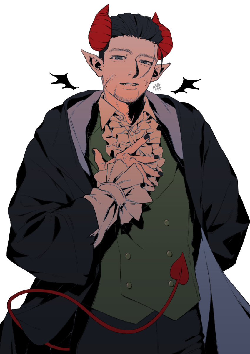 1boy absurdres alternate_costume ascot black_eyes black_hair cowboy_shot curled_horns demon_boy demon_horns demon_tail facial_hair golden_kamuy hair_slicked_back halloween_costume highres hnd_rkj horns long_sleeves looking_at_viewer male_focus mini_wings monsterification ogata_hyakunosuke scar scar_on_cheek scar_on_face short_hair solo stubble tail thick_eyebrows vampire_costume vest wings