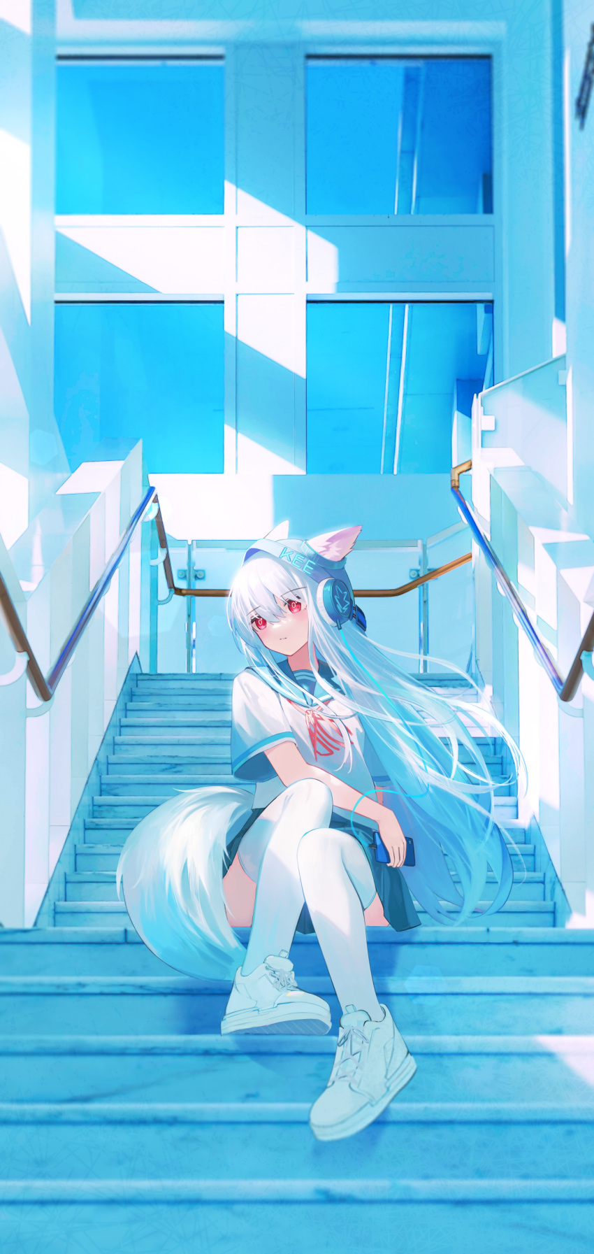 1girl absurdres alternate_costume animal_ear_fluff animal_ears arknights beanie behind-the-head_headphones blue_sailor_collar blue_sky blue_theme cellphone closed_mouth commentary_request expressionless flippy_(cripine111) fox_ears fox_girl fox_tail frostleaf_(arknights) hat headphones headphones_over_headwear highres holding holding_phone implied_extra_ears knees_up long_hair looking_to_the_side neck_ribbon neckerchief outdoors pastel_colors phone railing red_eyes red_neckerchief ribbon rooftop sailor_collar school_uniform serafuku shirt shoes sitting sitting_on_stairs sketch sky smartphone sneakers solo stairs tail thighhighs very_long_hair white_footwear white_hair white_shirt white_thighhighs wide_shot window woollen_cap