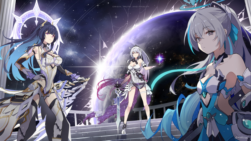 3girls ahoge armor bare_shoulders breasts bronya_zaychik bronya_zaychik_(herrscher_of_truth) cleavage closed_mouth colored_inner_hair crown drill_hair english_text feet_out_of_frame frown grey_eyes grey_hair hair_between_eyes halo hand_on_own_hip high_ponytail highres holding holding_polearm holding_sword holding_weapon honkai_(series) honkai_impact_3rd kiana_kaslana kiana_kaslana_(herrscher_of_finality) large_breasts long_hair looking_at_viewer medium_breasts multicolored_hair multiple_girls mush_(mushlicious) neck_flower on_stairs open_hand planet polearm purple_hair raiden_mei raiden_mei_(herrscher_of_origin) single_drill small_breasts smile space stairs standing star_(sky) streaked_hair sword thighhighs upper_body very_long_hair weapon white_armor white_footwear white_hair