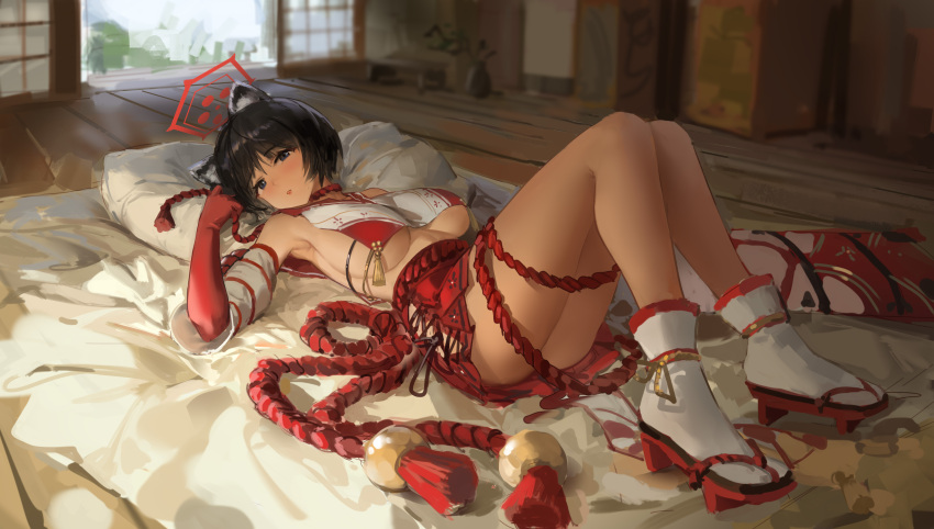 1girl absurdres animal_ears armpits ballistic_shield bare_shoulders barefoot bed bed_sheet black_eyes black_hair blue_archive blush bow breast_curtain breasts crop_top crop_top_overhang detached_sleeves elbow_gloves gloves hair_between_eyes halo highres indoors japanese_clothes large_breasts legs long_hair looking_at_viewer lying meinoss on_back on_bed raccoon_ears red_gloves red_sailor_collar red_skirt revealing_clothes rope rope_belt sailor_collar short_hair sideboob sideless_outfit simple_background skirt solo tassel tsubaki_(blue_archive) two-tone_shirt