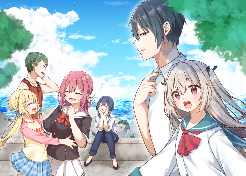 2boys 4girls absurdres ahoge ascot atri atri-my_dear_moments- black_hair black_shirt blonde_hair blue_eyes blue_pants blue_sailor_collar blue_skirt blue_sky breasts character_request cloud collared_shirt commentary_request day dress dress_shirt green_eyes green_hair grey_hair hair_between_eyes hair_intakes highres ikaruga_natsuki jako_(jakoo21) long_hair low_twintails medium_breasts multiple_boys multiple_girls ocean outdoors pants pink_hair plaid plaid_skirt pleated_skirt purple_eyes raglan_sleeves red_ascot red_eyes red_tank_top sailor_collar sailor_dress shirt skirt sky tank_top twintails two_side_up very_long_hair water white_dress white_sailor_collar white_shirt white_skirt yellow_shirt