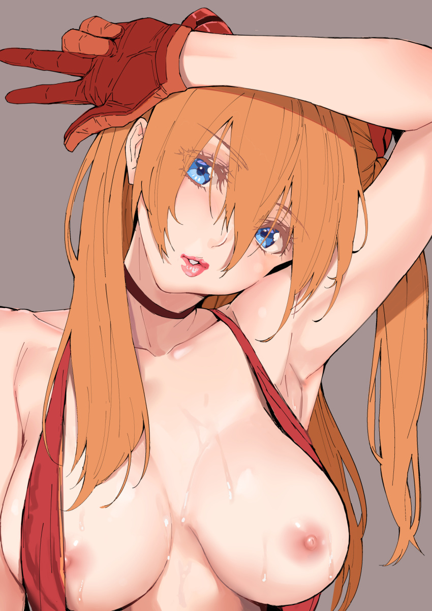 1girl armpits blue_eyes blush breasts choker gloves hair_between_eyes head_tilt highres large_breasts long_hair looking_at_viewer neon_genesis_evangelion orange_hair parted_lips solo souryuu_asuka_langley sweat thick_lips two_side_up yamaishi_(mukoubuti)
