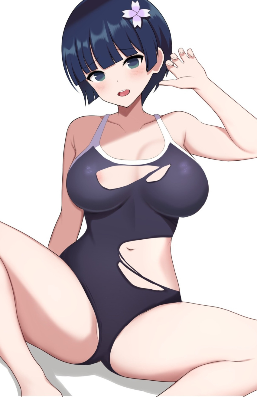 1girl areola_slip arm_at_side armpit_crease bare_arms bare_legs bare_shoulders black_one-piece_swimsuit blue_eyes blue_hair blunt_bangs blush breasts collarbone commentary_request feet_out_of_frame flower hair_flower hair_ornament hand_up head_tilt highres large_breasts looking_at_viewer navel one-piece_swimsuit open_mouth purple_flower raised_eyebrows school_swimsuit senran_kagura shadow short_hair simple_background sitting solo spread_legs stomach surippa1010 swimsuit teeth torn_clothes torn_swimsuit upper_teeth_only white_background white_flower yozakura_(senran_kagura)