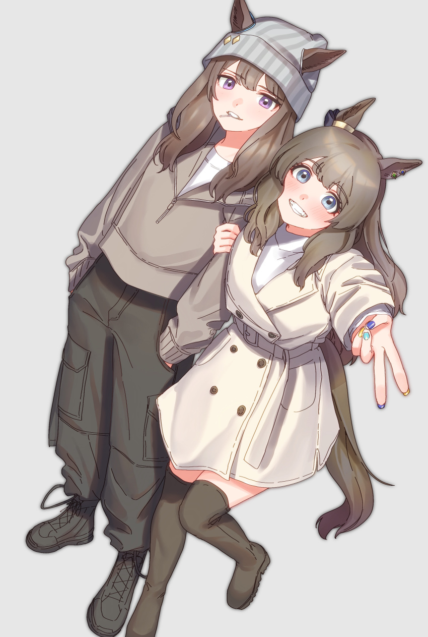 2girls absurdres alternate_costume animal_ears arm_hug beanie black_footwear black_pants blue_eyes blush boots brown_coat brown_hair brown_hoodie buttons candy coat double-breasted ears_through_headwear food grey_background grey_headwear grin gyaru_v hair_down hands_in_pockets hat highres hood hoodie horse_ears horse_girl horse_tail lollipop long_hair long_sleeves looking_at_viewer multiple_girls nakayama_festa_(umamusume) outstretched_arm pants purple_eyes reaching reaching_towards_viewer shirt simple_background smile standing standing_on_one_leg tail tamayume thigh_boots tosen_jordan_(umamusume) umamusume v white_shirt