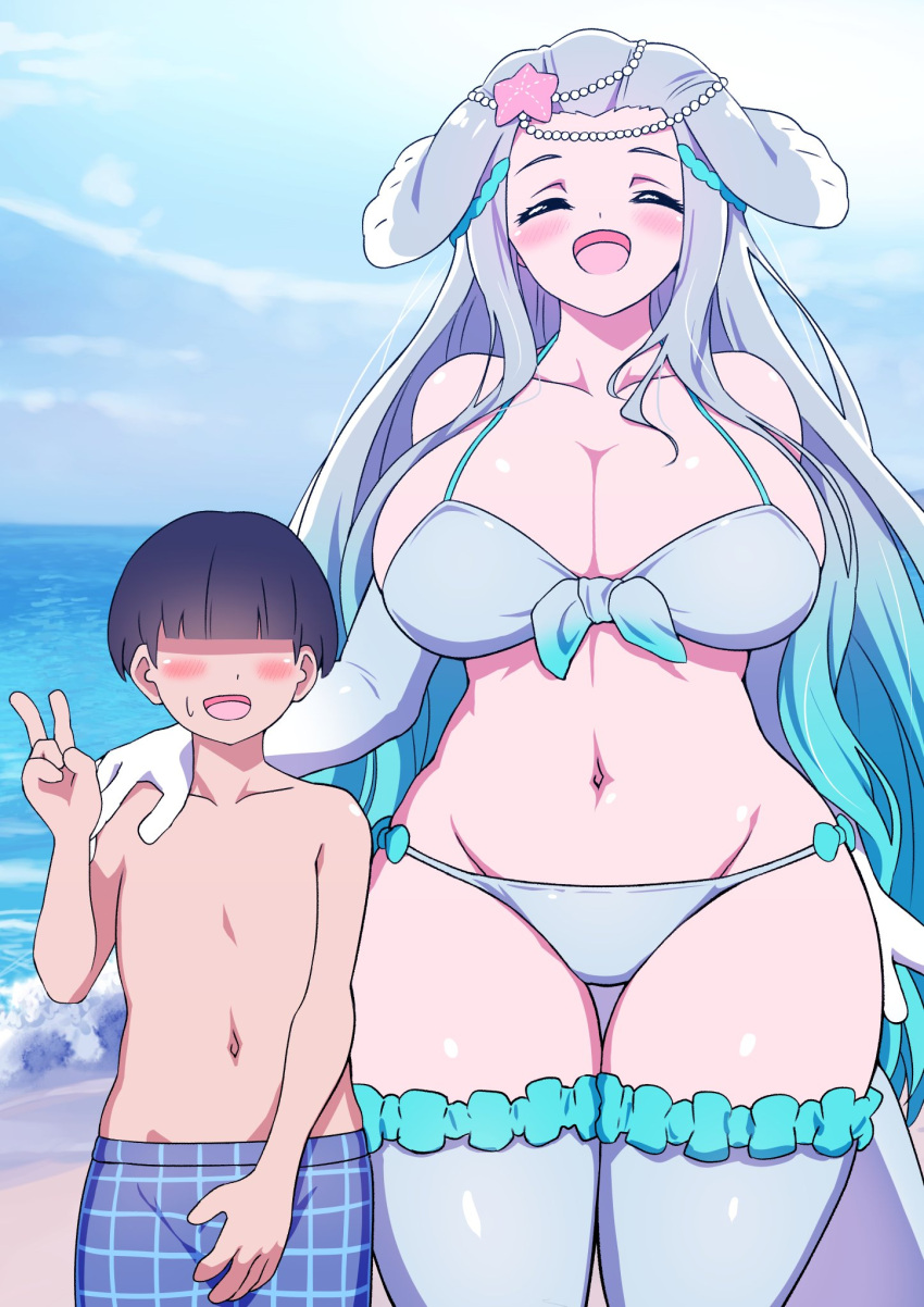 1boy 1girl age_difference aqua_hair beach bikini blue_bikini blue_hair blush breasts character_request covering covering_crotch faceless faceless_male front-tie_bikini_top front-tie_top gradient_hair highres huge_breasts implied_erection kemono_friends kemono_friends_3 male_swimwear mamiyama multicolored_hair navel ocean pearl_hair_ornament sexually_suggestive size_difference smile starfish_hair_ornament sweat swim_trunks swimsuit thick_thighs thighhighs thighs v