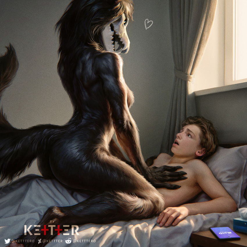 &lt;3 anthro bed bedroom black_body black_fur bone breasts canid canine cellphone cowgirl_position dominant dominant_female duo female from_front_position fur furniture hand_on_chest hi_res human human_on_anthro interspecies kettter mal0 male male/female mammal on_bottom on_top phone realistic scp-1471 scp-1471-a scp_foundation sex skull skull_head surprised_expression tissue_box walk-in window