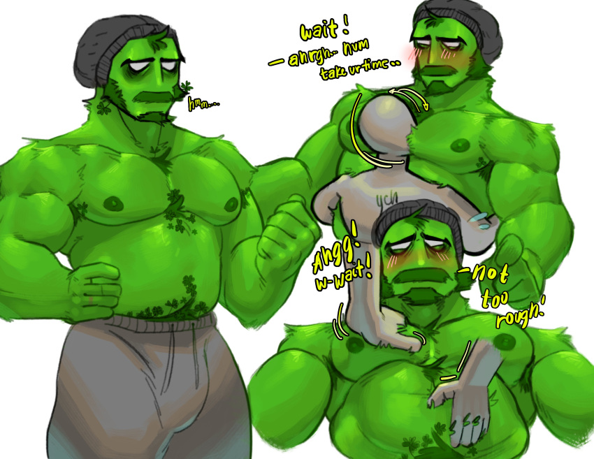 2boys absurdres arctavius armpit_hair armpit_hair_peek bara belly_grab between_pectorals blush bulge chest_hair clenched_hand colored_skin cropped_torso disembodied_limb english_text feeling_muscles feet_out_of_frame grass_boy green_skin hairy hand_on_own_hip head_between_pecs highres jitome large_pectorals male_focus mature_male meme monster_boy motion_lines multiple_boys multiple_views muscular muscular_male navel navel_hair nipples original pants pectorals plant_boy plump short_hair shy simple_background sparse_chest_hair stomach strongman_waist thick_eyebrows thick_mustache topless_male touch_grass_(meme) track_pants yaoi