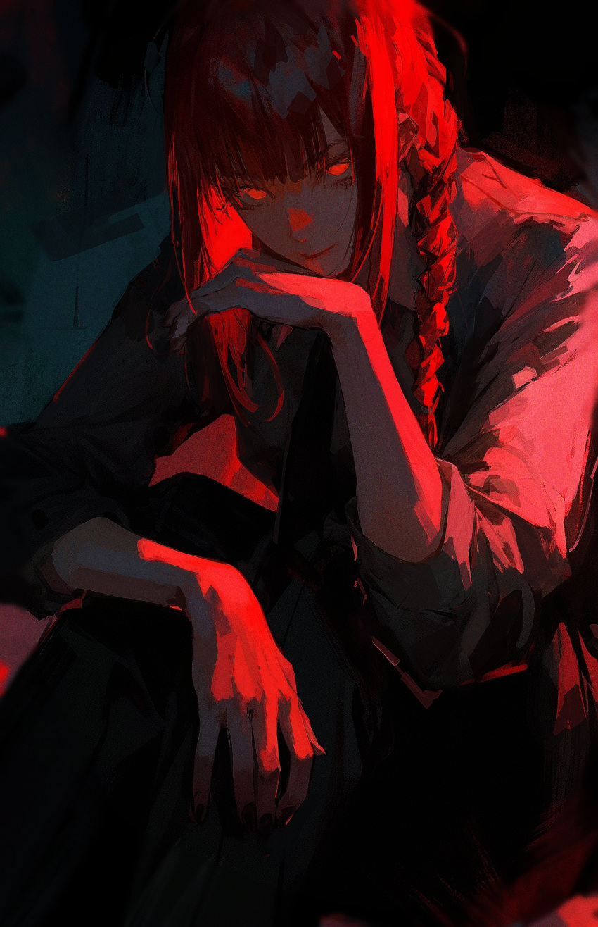 1girl 96yottea absurdres black_nails black_pants blunt_bangs braid chainsaw_man closed_mouth collared_shirt dark dark_background expressionless fingernails hand_on_own_chin hand_on_own_knee highres long_hair looking_at_viewer makima_(chainsaw_man) nail_polish pants red_eyes red_hair ringed_eyes shirt sidelocks single_braid sleeves_rolled_up solo