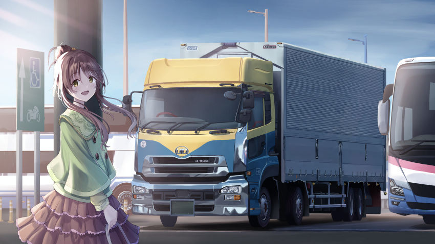 1girl :d absurdres arrow_(symbol) blue_sky brown_eyes brown_hair brown_skirt bus commentary commission green_shirt highres idolmaster idolmaster_cinderella_girls lamppost long_hair long_sleeves motor_vehicle open_mouth outdoors png_pant_(bus) road_sign shadow shirt sign skeb_commission skirt sky smile solo takamori_aiko truck vehicle_request