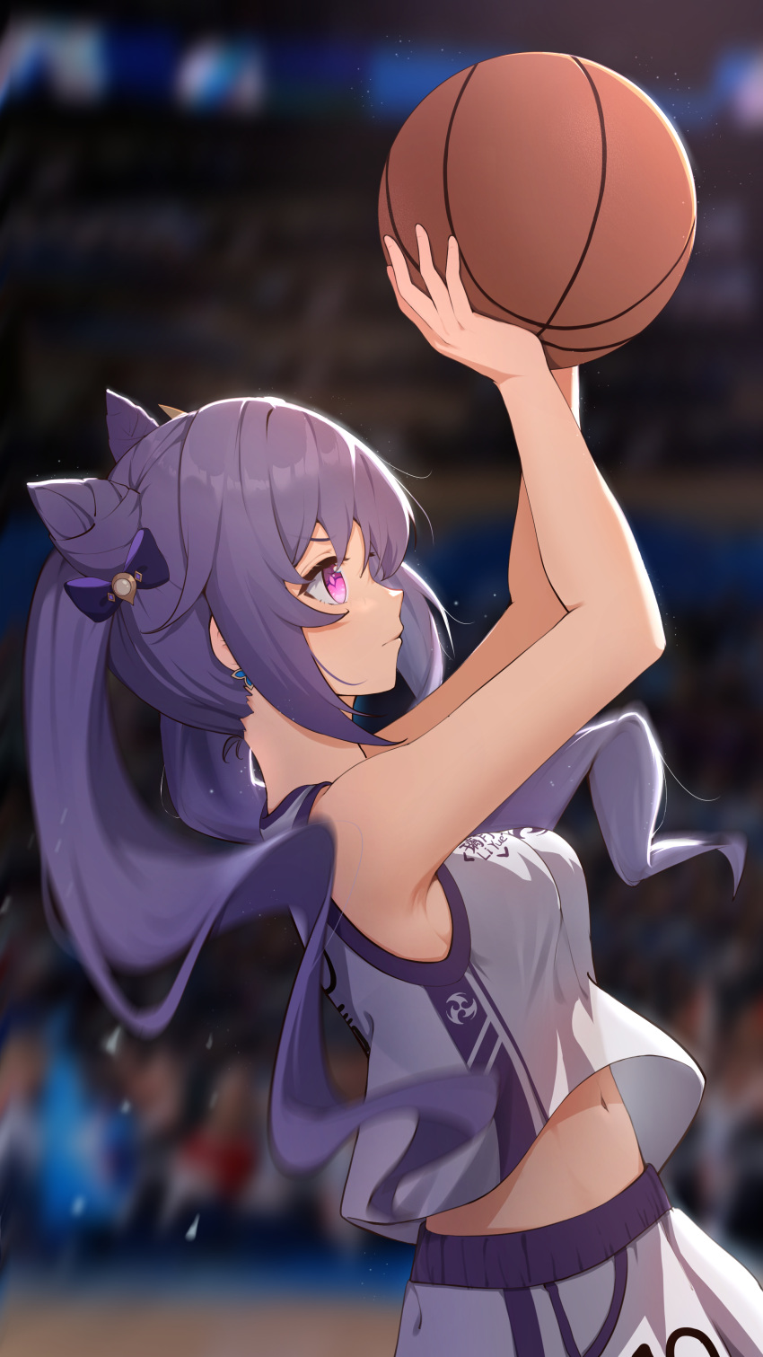 1girl absurdres alternate_costume armpits arms_up ball bare_shoulders basketball basketball_uniform breasts closed_mouth cone_hair_bun cowboy_shot earrings from_side genshin_impact grey_shirt grey_shorts hair_bun highres holding holding_ball indoors jewelry keqing_(genshin_impact) kong_ting long_hair medium_breasts midriff_peek navel pink_eyes purple_hair shirt shorts sideboob smile solo_focus sportswear tank_top twintails v-shaped_eyebrows