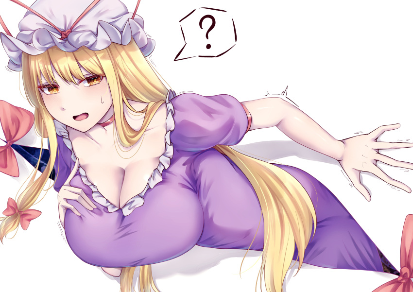 ? absurdres blonde_hair blush breasts cleavage commentary_request dress gap_(touhou) hair_ribbon hanging_breasts hat highres impossible_clothes impossible_dress large_breasts long_hair mirufui mob_cap puffy_short_sleeves puffy_sleeves purple_dress ribbon short_sleeves sidelocks spoken_question_mark stuck sweatdrop through_wall touhou tress_ribbon very_long_hair white_headwear yakumo_yukari yellow_eyes