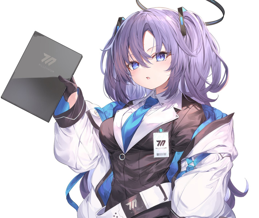 1girl black_gloves blue_archive blue_eyes blue_necktie collared_shirt fal_maro gloves hair_between_eyes half_gloves halo highres holding holding_tablet_pc jacket long_hair long_sleeves looking_at_viewer necktie open_clothes open_jacket parted_lips purple_hair school_uniform shirt simple_background tablet_pc triangle_hair_ornament two_side_up upper_body white_background white_jacket white_shirt yuuka_(blue_archive)