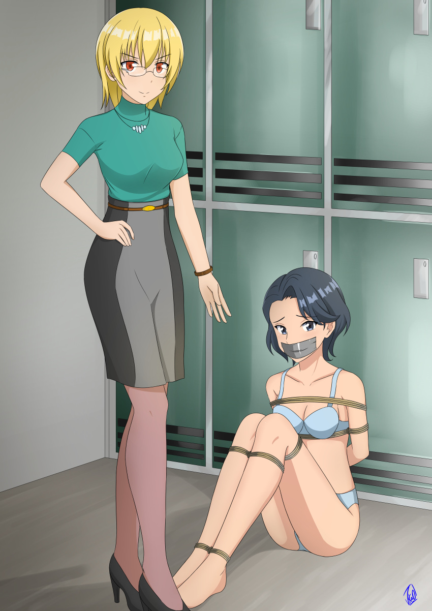 2girls absurdres artist_name bdsm blonde_hair blue_bra blue_eyes blue_hair bondage bound bound_legs bra collarbone commentary_request cosplay full_body gag gagged glasses go!_princess_precure green_shirt hand_on_own_hip highres improvised_gag indoors jewelry kidnapped looking_at_viewer medium_hair multiple_girls necklace original pencil_skirt precure red_eyes shirt short_hair short_sleeves skirt tachi_kyouko tachi_kyouko_(cosplay) tape tape_gag underwear vakaosciosa