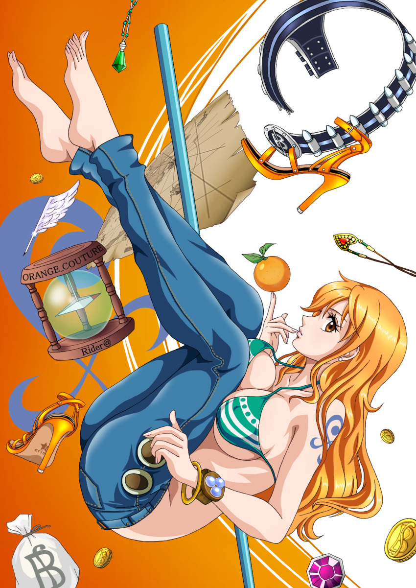 1girl arm_tattoo ass barefoot bikini bikini_top_only blue_pants bracelet breasts brown_eyes coin denim earrings food fruit full_body gem gold_coin high_heels highres jeans jewelry large_breasts log_pose long_hair map money_bag nami_(one_piece) one_piece orange_(fruit) orange_hair pants pearl_earrings pendant quill raida_(j5einmnjp3r49k6) shell_casing shoes shoes_removed solo swimsuit tattoo