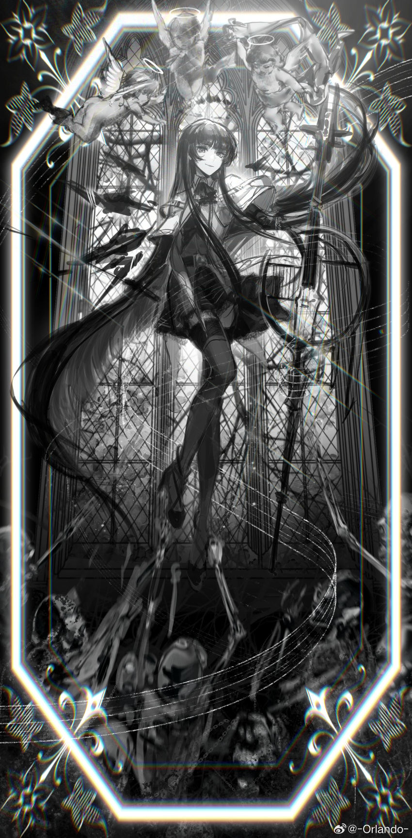1girl absurdres angel angel_wings arknights artist_name ascot backlighting belt belt_buckle blunt_bangs blurry blurry_edges bone border bow_(music) breasts broken_halo buckle bustier cello cherub chinese_commentary collared_jacket commentary_request dark_halo detached_wings diffraction_spikes dress_shirt energy_wings floating floating_hair flower full_body glint gloves glowing greyscale halo hand_up high_heels highres hime_cut holding holding_bow_(music) holding_instrument holding_violin instrument jacket layered_sleeves light_smile lips long_sleeves looking_at_viewer miniskirt mole mole_under_eye monochrome orlando_(weibo_5568544894) outside_border people pleated_skirt reaching_towards_another shirt short_over_long_sleeves short_sleeved_jacket short_sleeves sidelocks skeleton skirt skull solo_focus spot_color staff_(music) stained_glass strappy_heels thighhighs undead violin virtuosa_(arknights) watermark weibo_logo weibo_username window wings zettai_ryouiki
