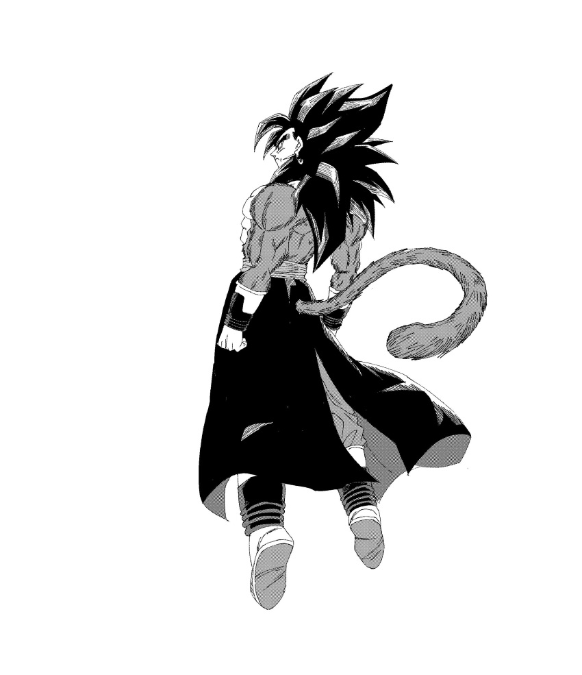 absurdres black_hair blue_eyes blue_sash body_fur dragon_ball dragon_ball_heroes earrings fenyon from_behind full_body gloves highres jewelry long_hair male_focus monkey_boy monkey_tail monochrome muscular muscular_male no_nipples pants pectorals potara_earrings red_fur saiyan sash spiked_hair super_saiyan super_saiyan_4 tail time_patrol_(dragon_ball) vegetto vegetto_(xeno)