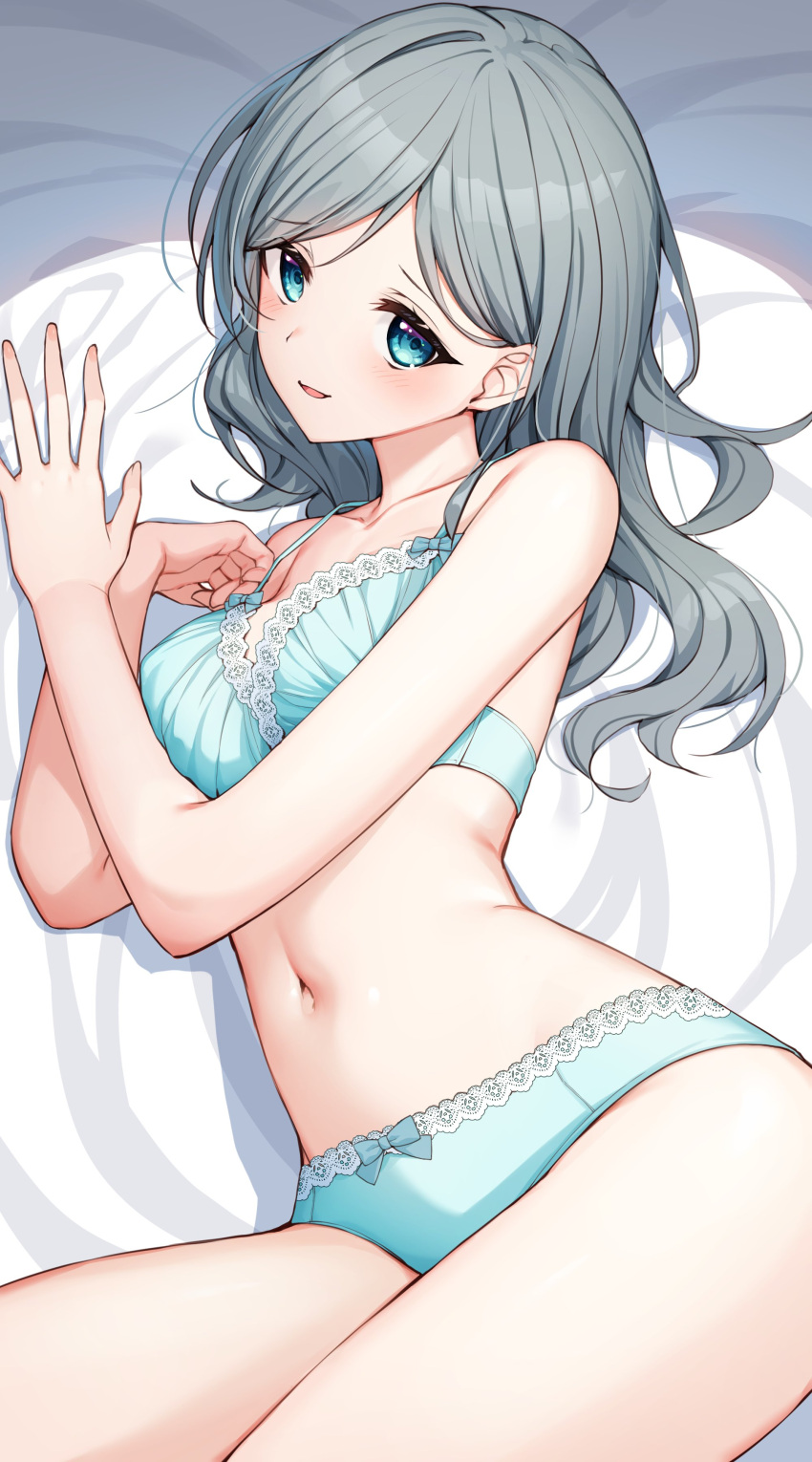 1girl absurdres aqua_bra aqua_eyes aqua_panties bare_arms bare_legs bed_sheet bra breasts collarbone commentary_request grey_hair highres lace-trimmed_bra lace-trimmed_panties lace_trim long_hair looking_at_viewer lying medium_breasts navel niwatori_(satoru0201) on_side open_mouth original panties parted_bangs second-party_source smile thighs underwear underwear_only