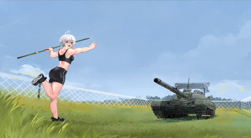 1girl ahoge ass bike_shorts black_shorts black_sports_bra blue_sky breasts cloud commentary commission english_commentary fence full_body grass heart heart_ahoge highres holding holding_polearm holding_weapon javelin_(spear) medium_breasts military military_vehicle motor_vehicle muscular muscular_female open_mouth original polearm red_eyes short_hair shorts sky smile solo sports_bra standing standing_on_one_leg tank usergore weapon white_hair